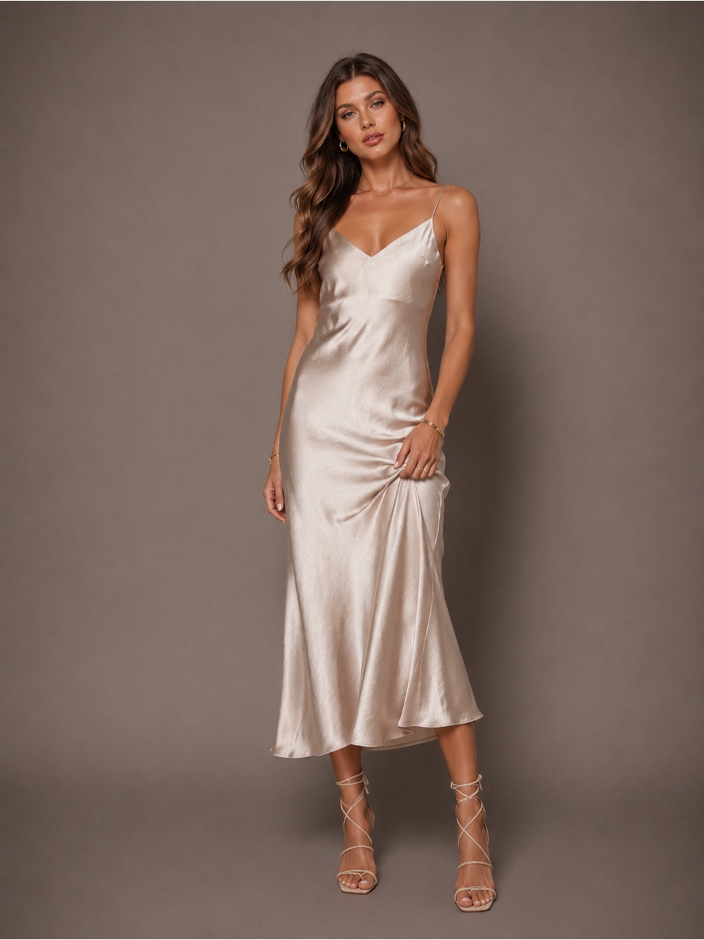 Line & Dot Champagne Satin Slip Midi Dress